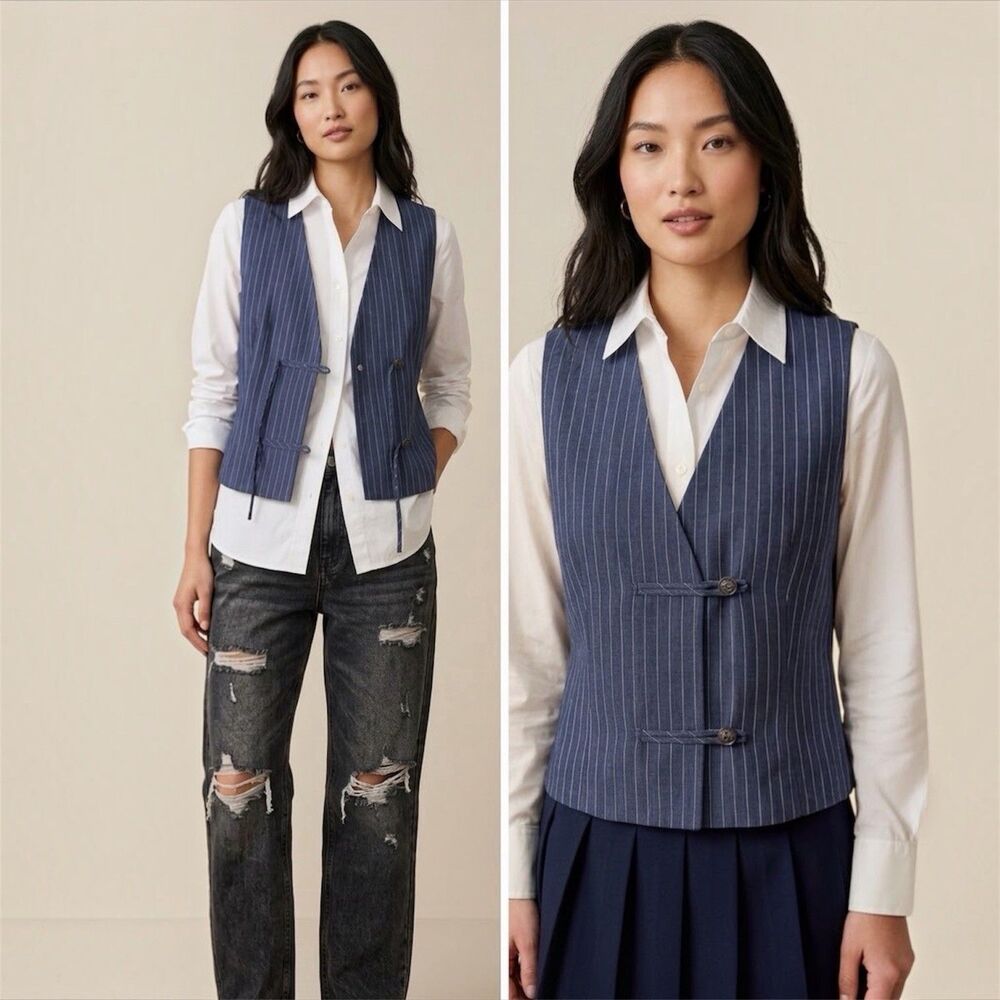 Zara Pinstripe Linen Cotton Vest Top Sz M Toggle Button Cropped Waistcoat New